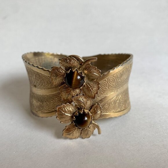 Vintage Tigerstone Gold Toned Clamp Cuff Bracelet Leaf Floral - Picture 1 of 7